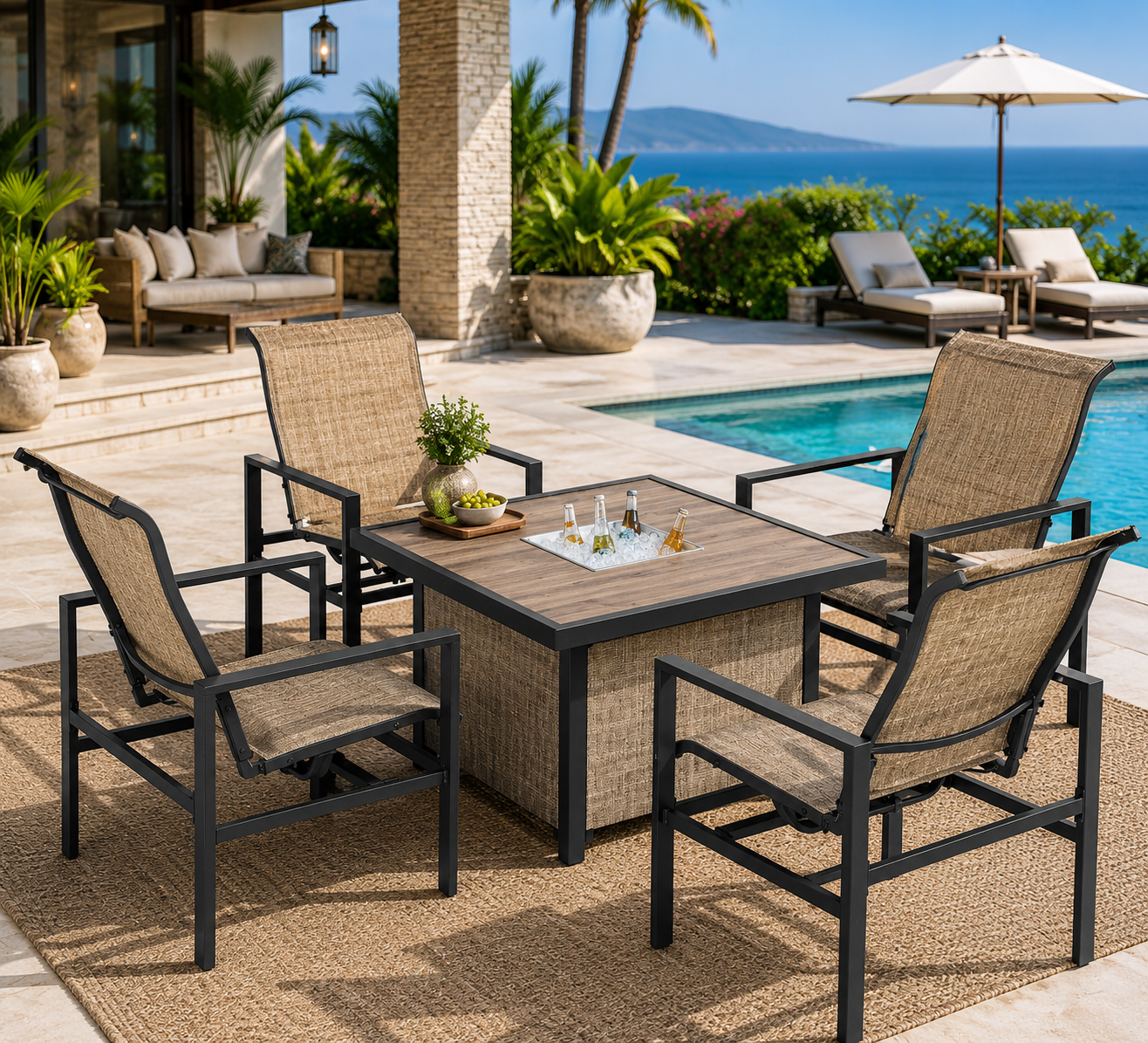 5 Piece Garden Patio Dining Set, Steel, Outdoor Conversation Set, Dinner Table with Built-In Ice Bucket Insert, 4 Rocking Chairs, Beige