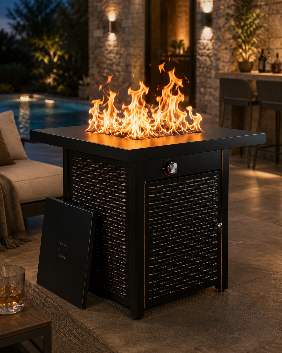 28" Outdoor Propane Fire Pit Table with Lid, 60,000 BTU Gas Fire Pit for Patio Garden Party
