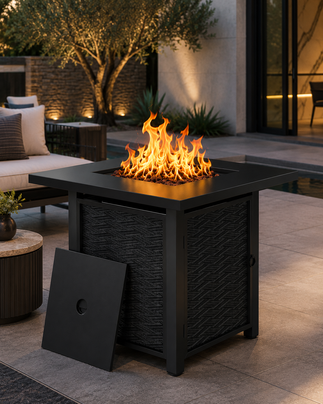 28" Propane Fire Pit Table 50,000 BTU Steel Gas Fire Pit with Removable Lid & Waterproof Cover and Tables