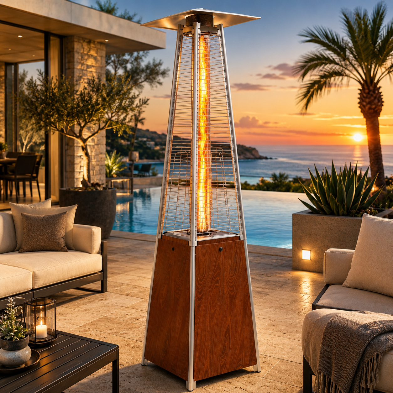 Patio Heater for Outdoor, 48000BTU Pamapic Heater Outside, Quartz Glass Tube Propane Heater with Cover, Commercial Residential Use Garden Poolside Porch, Brown