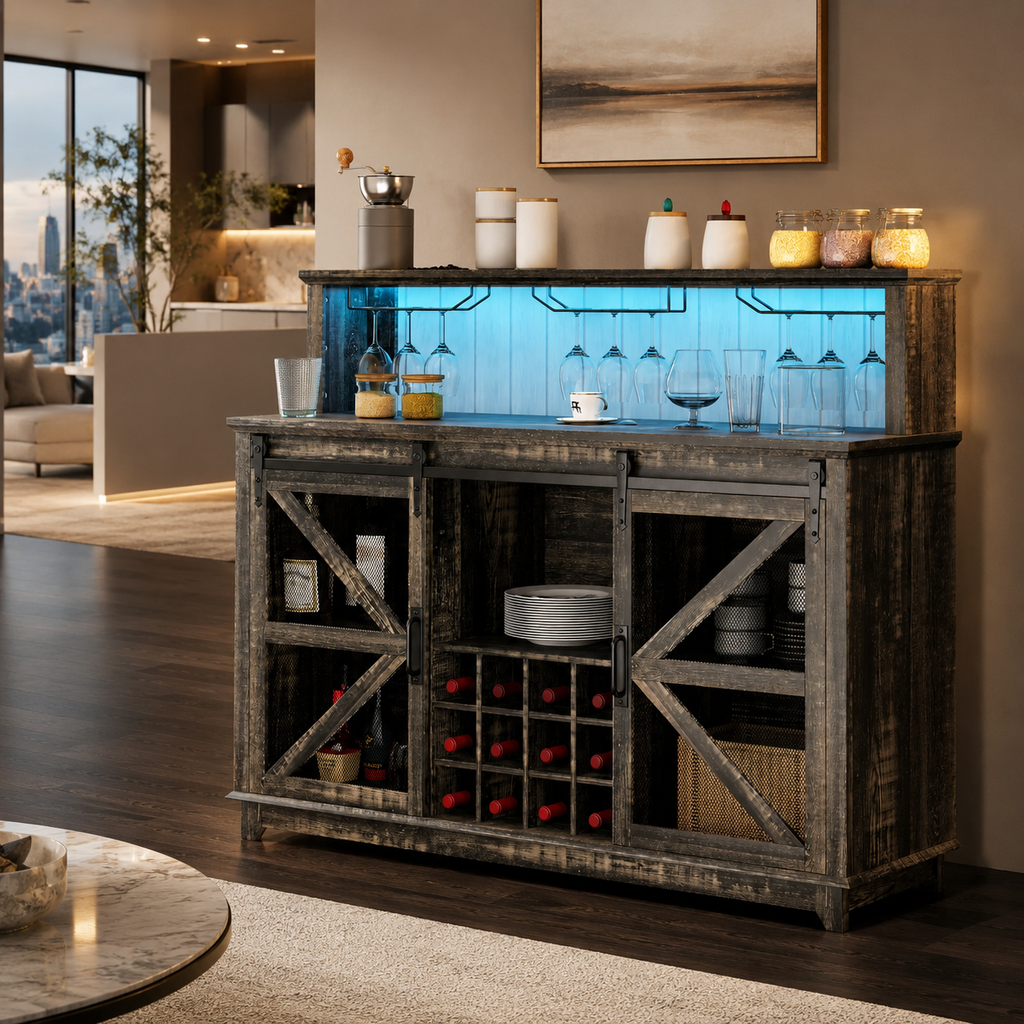 HOMCOM Farmhouse Coffee Bar Cabinet with Smart App Control LED Lights, 55" Wine Bar Cabinet with 12-Bottle Rack, Glass Holder, Kitchen Sideboard Buffet with Sliding Mesh Doors, Distressed Dark Brown