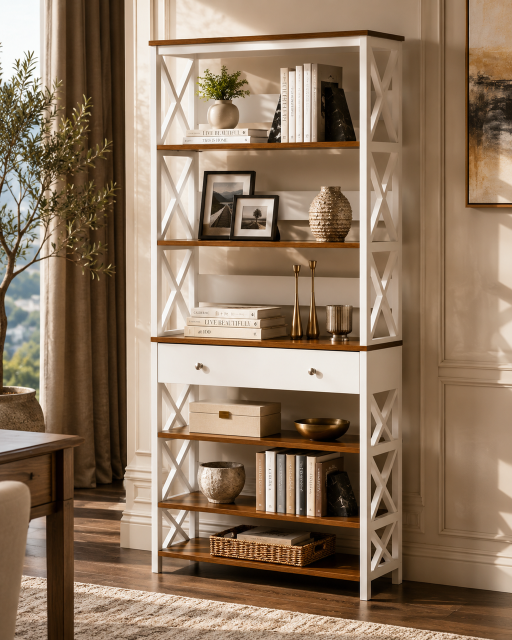 4-Tier Shelving Bookcase Storage Cupboard with Pull Out Drawer, and Wooden Frame with X Bar Stability, White