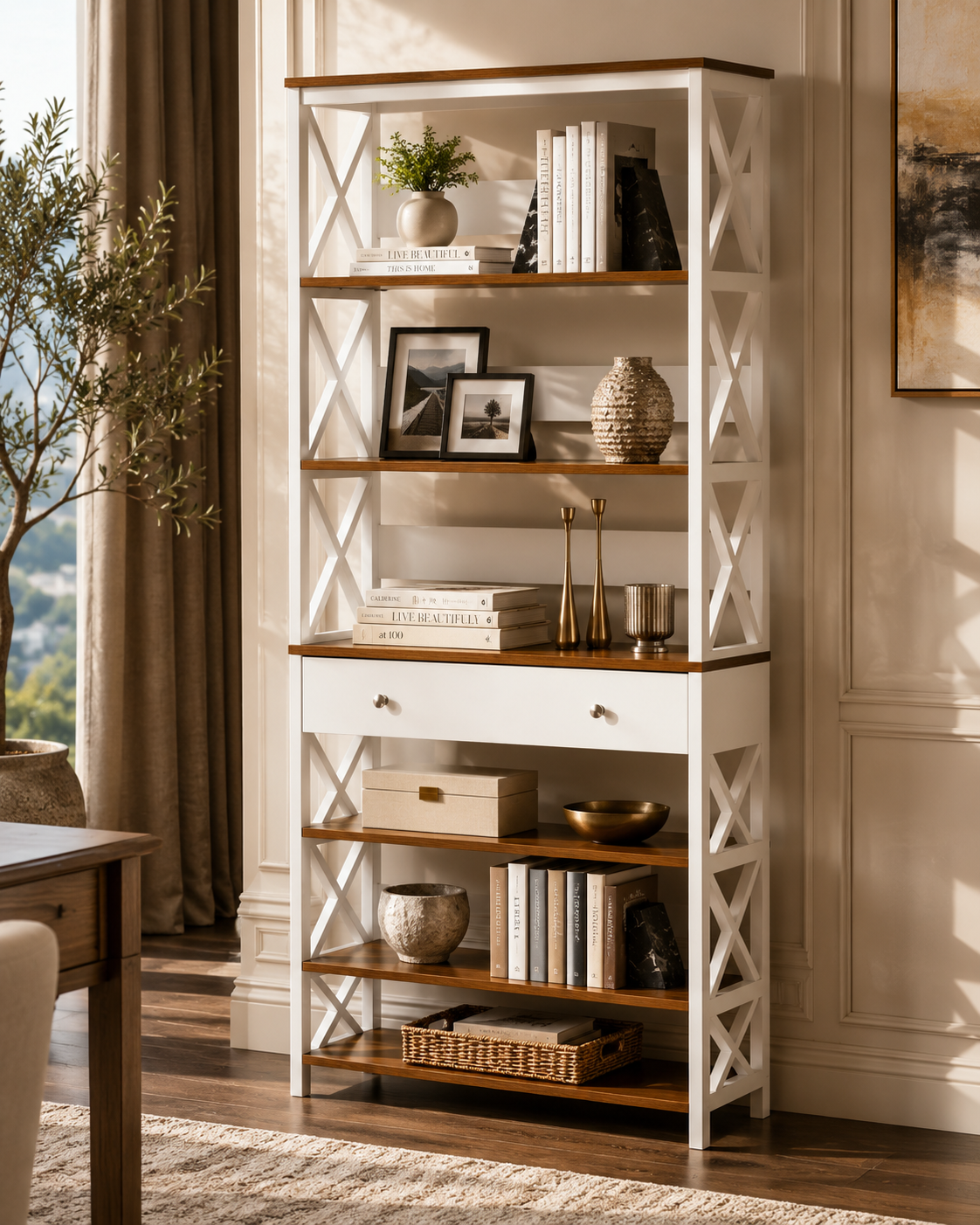 4-Tier Shelving Bookcase Storage Cupboard with Pull Out Drawer, and Wooden Frame with X Bar Stability, White