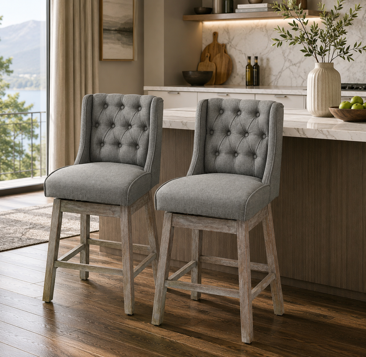 HOMCOM Bar Height Bar Stools Set of 2, 180 Degree Swivel Barstools with Solid Wood Footrests and Button Tufted Design, 30" Seat Height Bar Chairs for Kitchen Island, Gray
