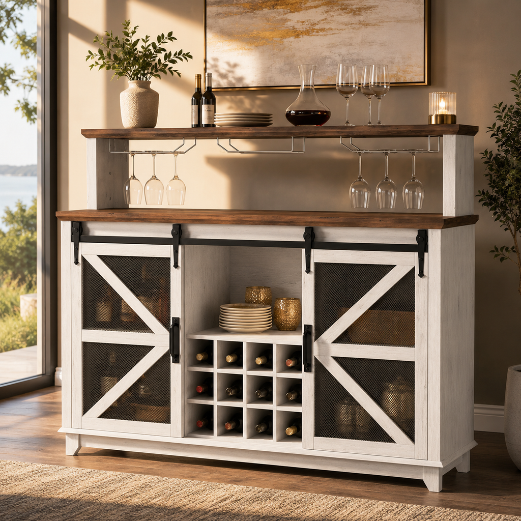 HOMCOM Farmhouse Coffee Bar Cabinet with Smart App Control LED Lights, 55" Wine Bar Cabinet with 12-Bottle Rack, Glass Holder, Kitchen Sideboard Buffet with Sliding Mesh Doors, Distressed White