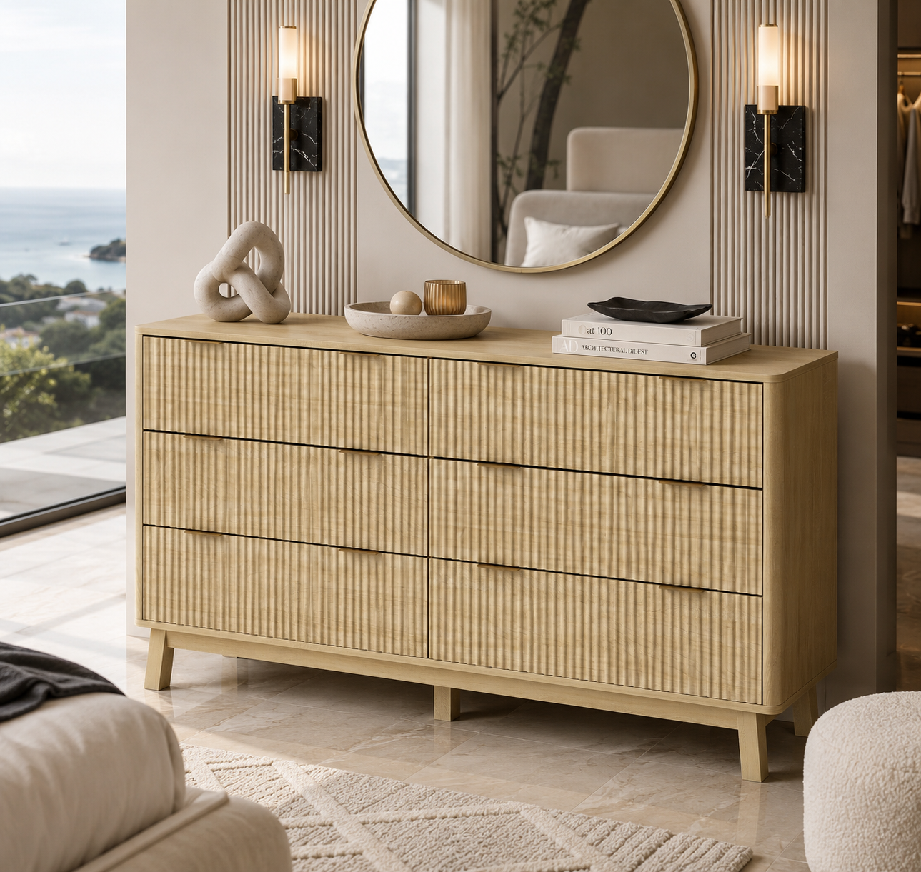 Fluted Dresser for Bedroom with 6 Drawers, 54" Wide Chest of Drawers with Gold Finger Pulls and 5 Wood Legs, Natural Wood