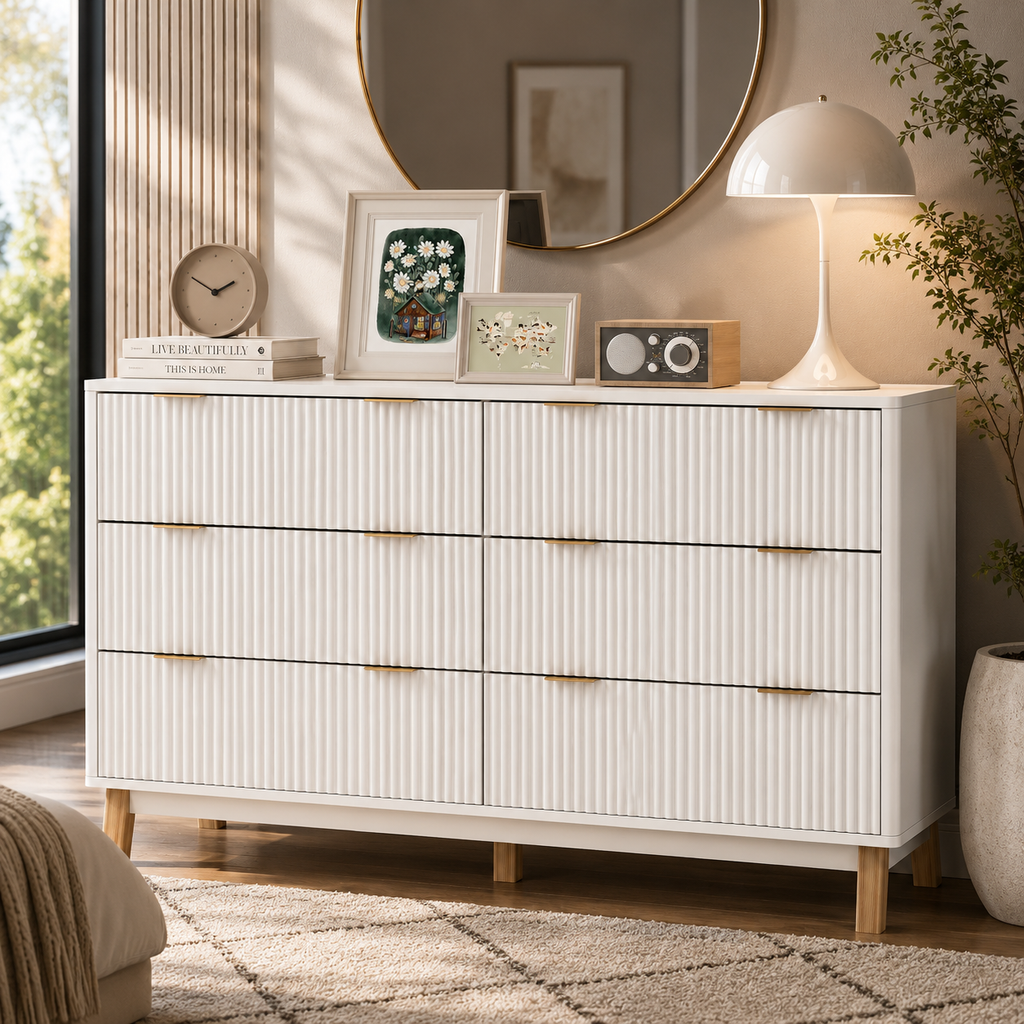 Fluted Dresser for Bedroom with 6 Drawers, 54" Wide Chest of Drawers with Gold Finger Pulls and 5 Wood Legs, White