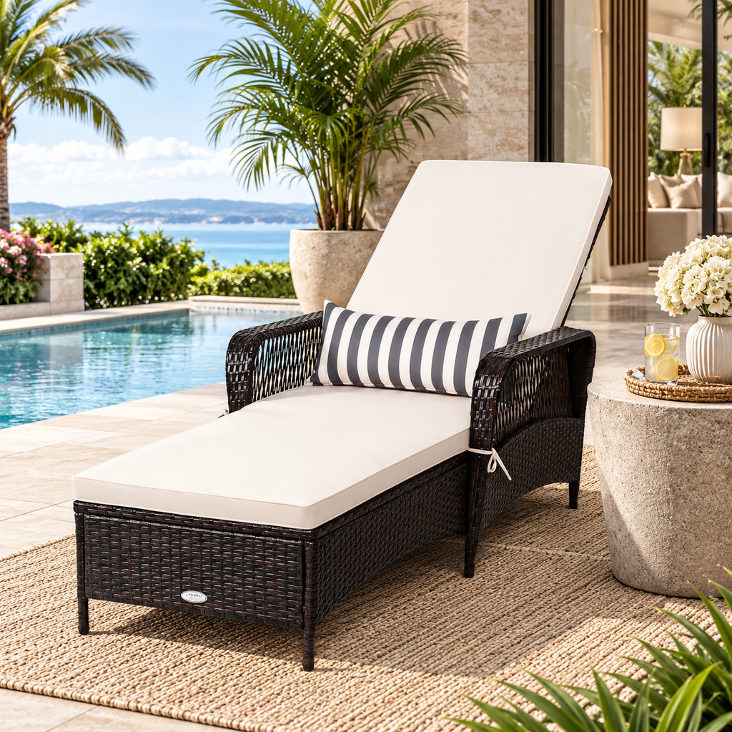 Rattan Patio Lounge Chair Chaise W/ Adjustable Backrest Cushion & Pillow