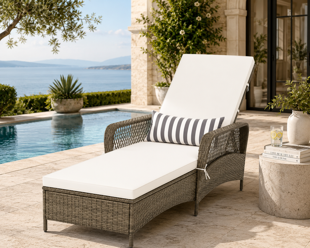 PE Wicker Chaise Lounge Chair 6-Position Adjustable Patio Recliner W/ Soft Cushions