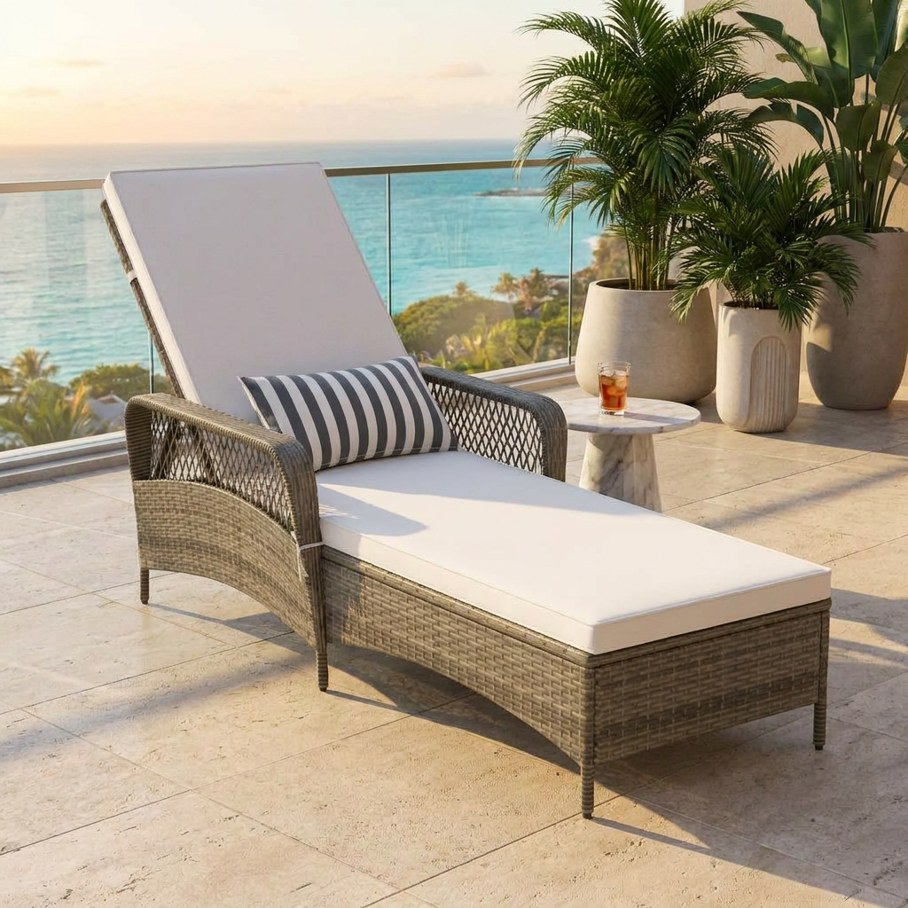 PE Wicker Chaise Lounge Chair 6-Position Adjustable Patio Recliner W/ Soft Cushions