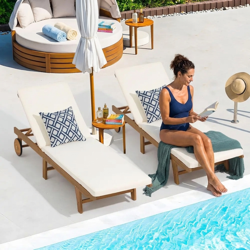 Outdoor Chaise Chairs Amp Table 3 Pieces Pool Lounge Chair, Adjustable Poolside Sunloungers Lay Flat Sunbathing Chaise with Bac