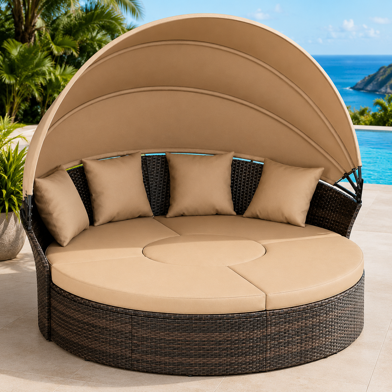 Patio Daybed with Retractable Canopy, Wicker Rattan Sectional round Sofa Furniture Set, 5 Pieces Seating Separates Cushioned Se