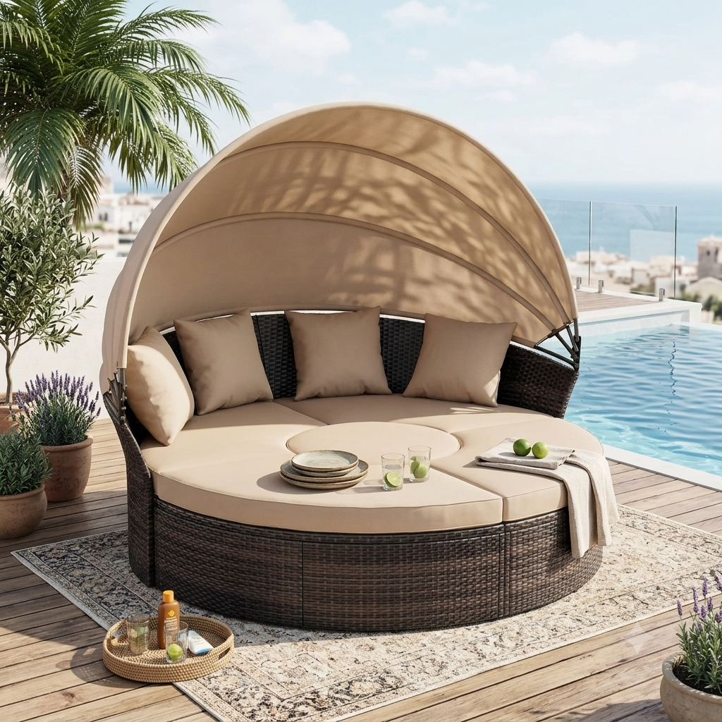 Patio Daybed with Retractable Canopy, Wicker Rattan Sectional round Sofa Furniture Set, 5 Pieces Seating Separates Cushioned Se