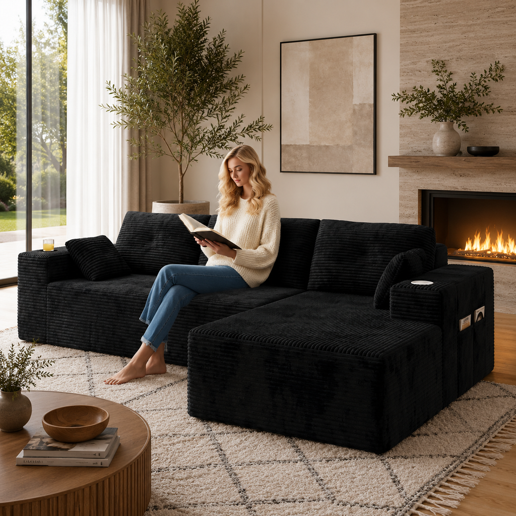 Boneless Couches for Living Room, Modular Sectional Sofa with Oversized Chaise, Lshape Cloud Couch with Deep Seat Black, Right