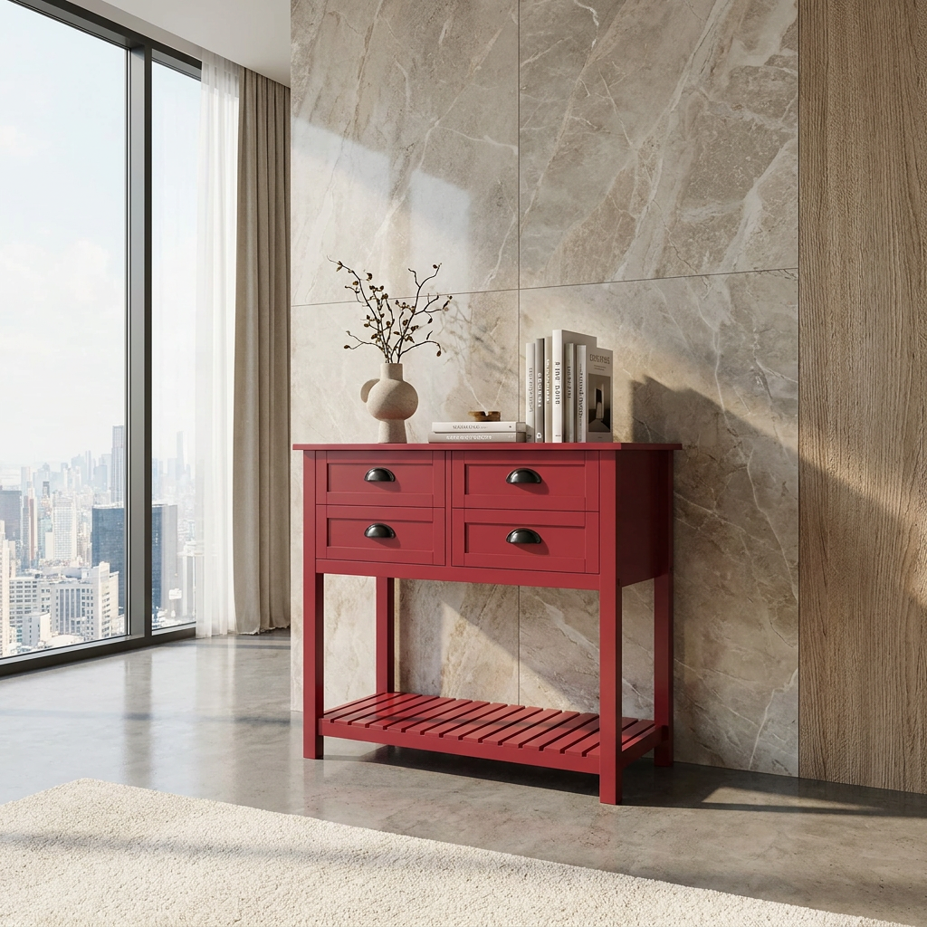 Sideboard Buffet Cabinet with Storage, Modern Coffee Bar Cabinet with 4 Drawers and Slatted Bottom Shelf, Console Table for Kitchen, Living Room, Dining Room, Hallway, Red