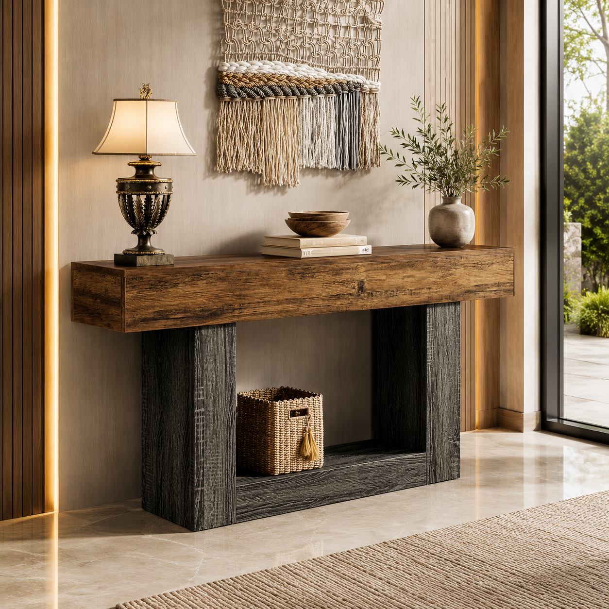 63" Console Table, Farmhouse 2-Tier Entryway Table with U-Shaped Base,Narrow Long Wood Sofa Table behind Couch Table