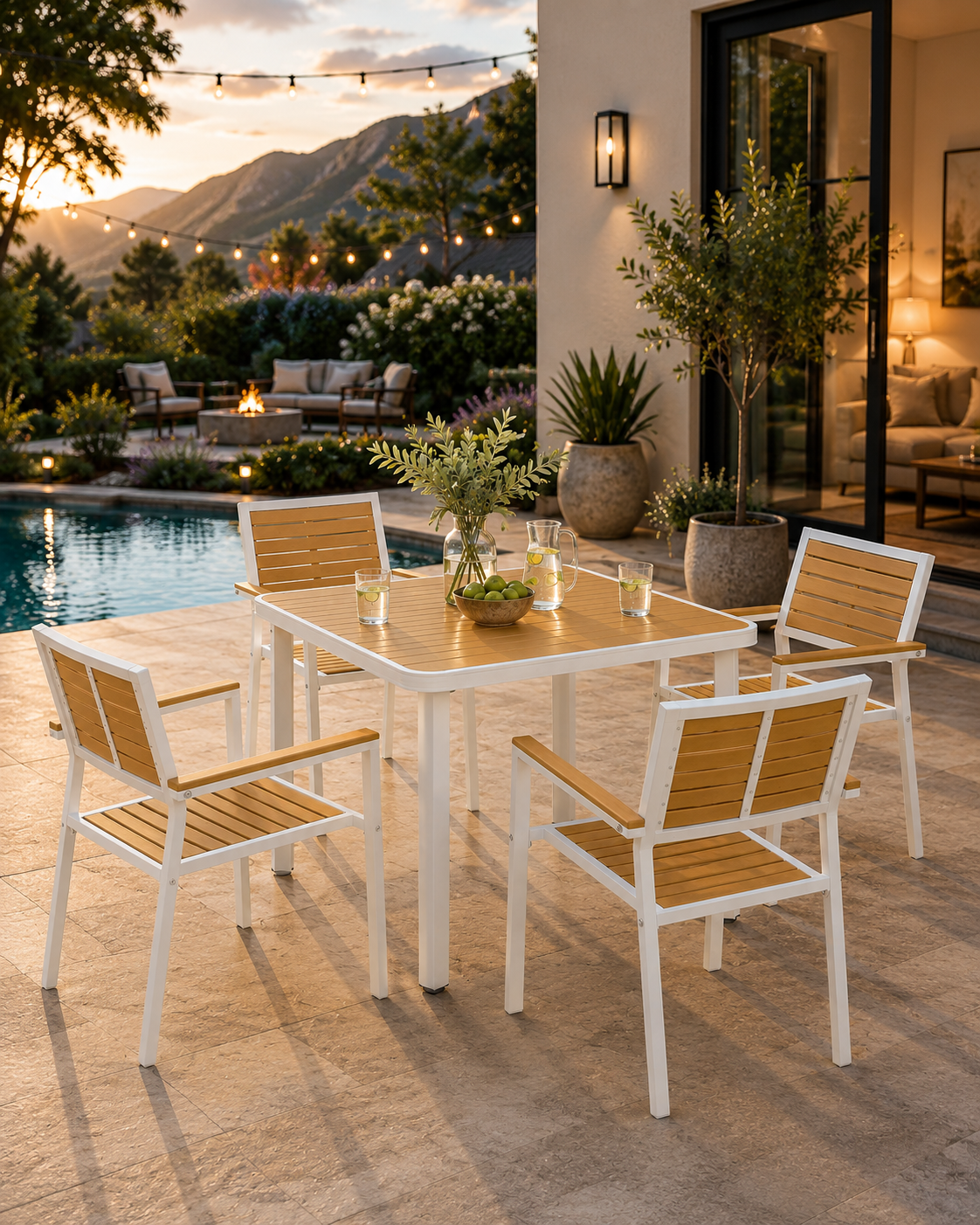 5Pc Outdoor Table and Chairs, Aluminum Patio Dining Set for 4 W/ Hdpe Materials Dinner Table with Umbrella Hole Yellow
