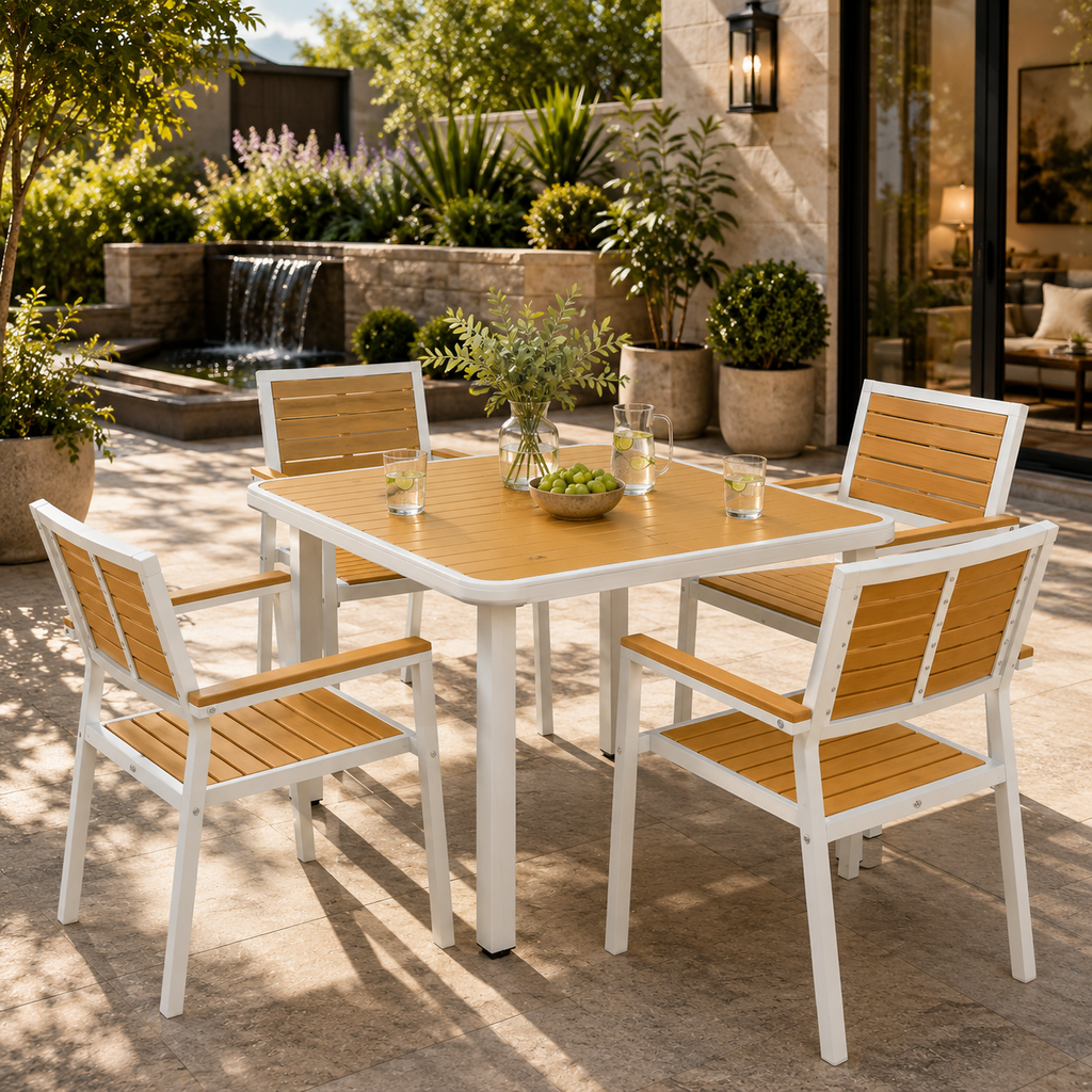 5Pc Outdoor Table and Chairs, Aluminum Patio Dining Set for 4 W/ Hdpe Materials Dinner Table with Umbrella Hole Yellow
