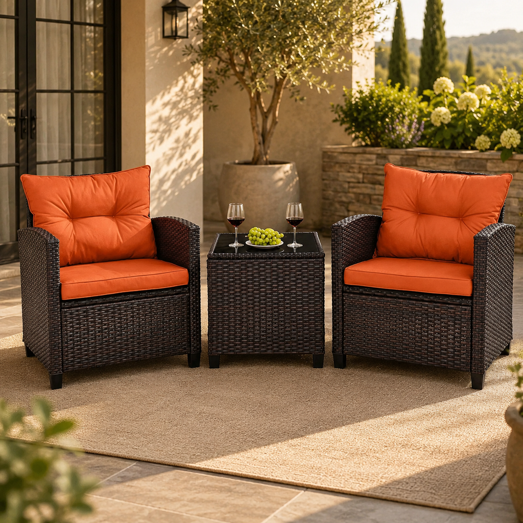 3 PCS Patio Rattan Furniture Set Cushioned Conversation Set Sofa Orange
