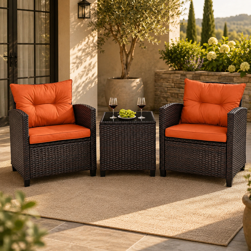 3 PCS Patio Rattan Furniture Set Cushioned Conversation Set Sofa Orange
