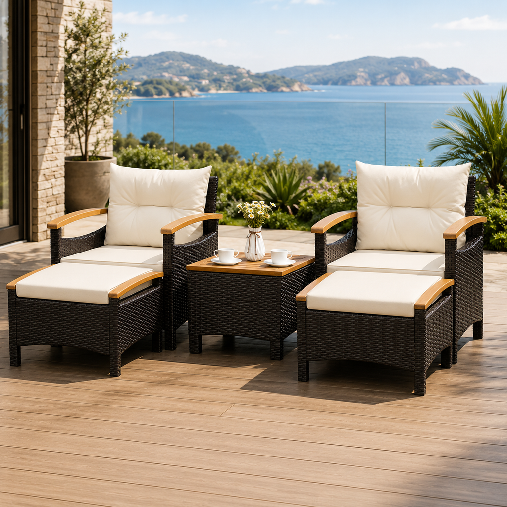 5PCS Patio Rattan Furniture Set Sofa Ottoman Cushioned Table W/Wood Top