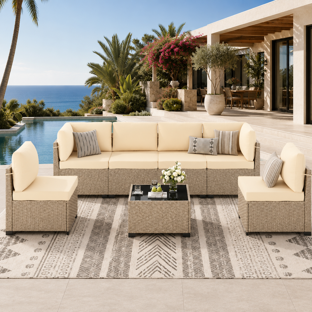 7-Piece Patio Furniture Set, Outdoor Rattan Sectional Sofa with Tempered Glass Table, All-Weather, for Garden, Porch, Backyard