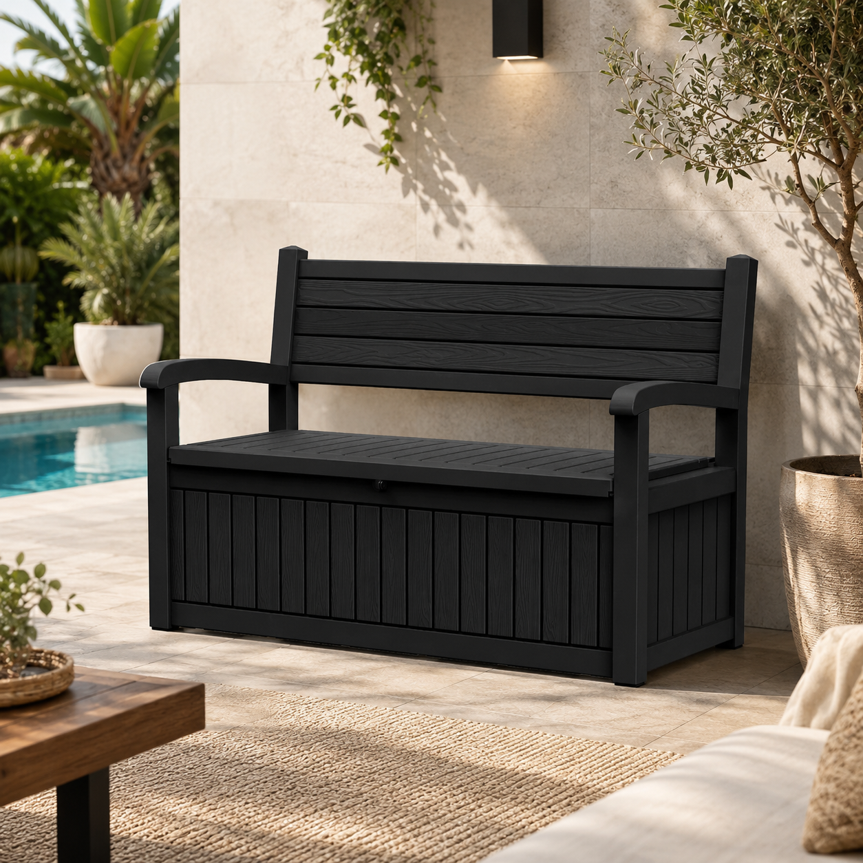 Outdoor Patio Storage Bench Plastic Weather Resistant Bench with Storage Space for Backyard Garden Poolside
