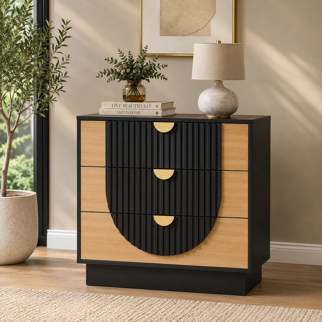 3 Drawer Nightstand with Charging Station, 28" Fluted Night Stand & Modern Bedside Table, Wood End Table Storage Cabinet