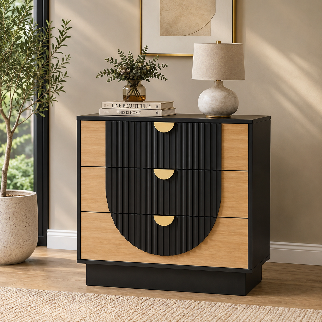 3 Drawer Nightstand with Charging Station, 28" Fluted Night Stand & Modern Bedside Table, Wood End Table Storage Cabinet