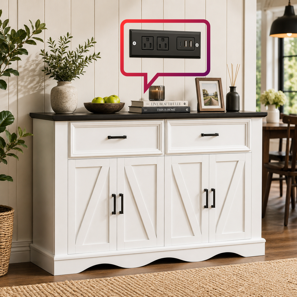 Buffet Cabinet with Drawers, 56" Large Sideboard Buffet Storage Cabinet with Shelves and Doors, Wave Base Design, Multi-Purpose Buffet Table with Charging Station for Living Room,Dining Room,White