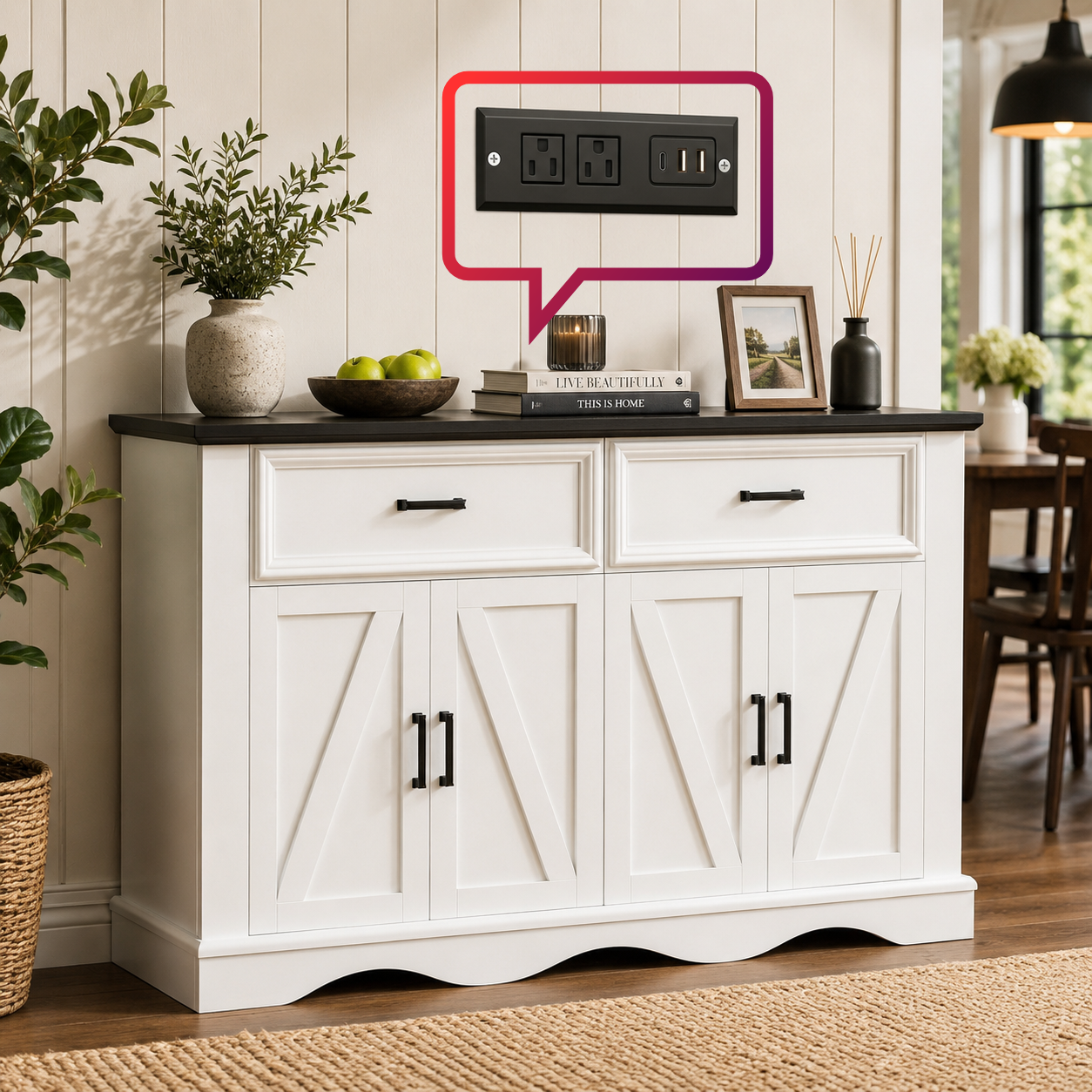 Buffet Cabinet with Drawers, 56" Large Sideboard Buffet Storage Cabinet with Shelves and Doors, Wave Base Design, Multi-Purpose Buffet Table with Charging Station for Living Room,Dining Room,White