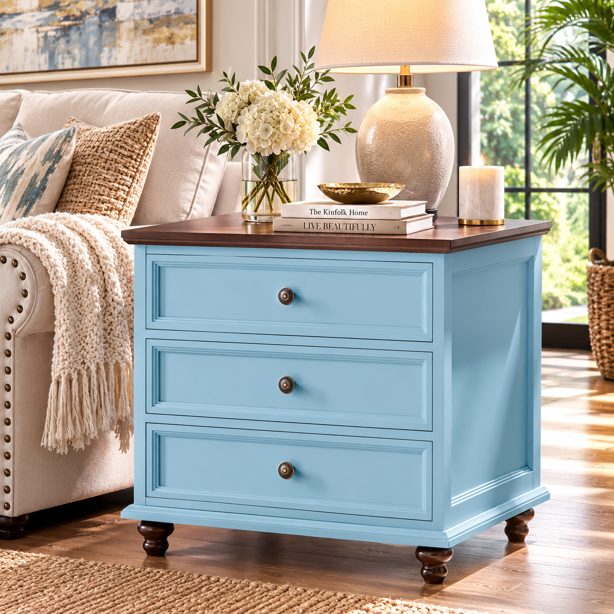 Nightstand with 3 Drawers, Bedside Table for Bedroom, Spacious Storage Cabinet for Living Room,Closet - Light Blue