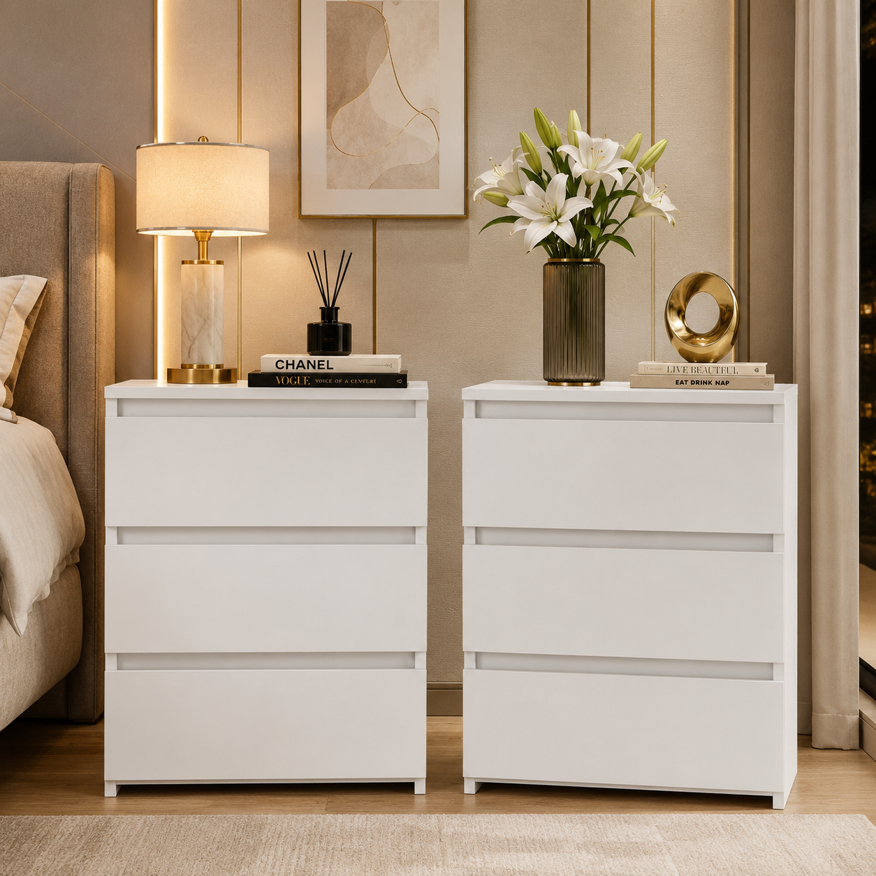 White Nightstand with 3 Drawers Set of 2, Sofa Table for Living Room, Modern Wooden Storage Cabinet for Bedroom