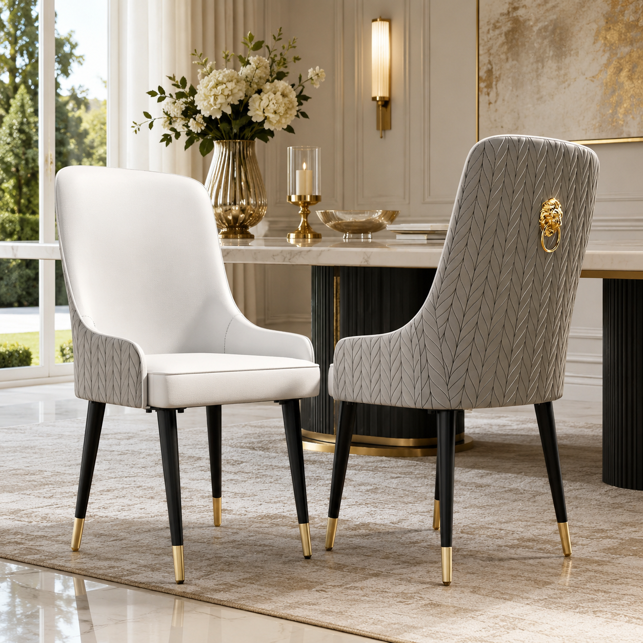 Modern PU Leather Set of 2 Dining Chairs with Metal Legs High Tufted Back Lion Head Pull Ring