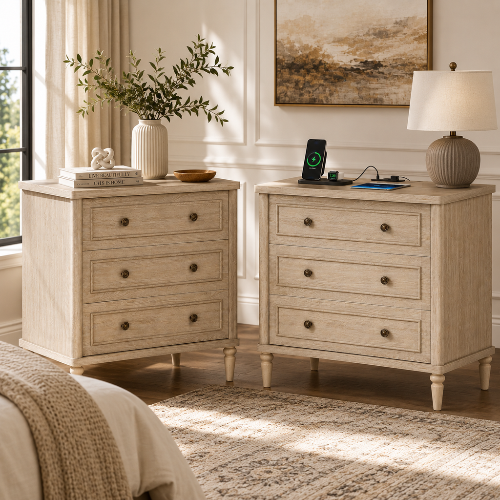 Farmhouse Nightstand Set of 2 with 3 Drawers, Wood Bedside Table Night Stand with Charging Station, Sofa Side End Table for Bedroom, Living Room, Oak