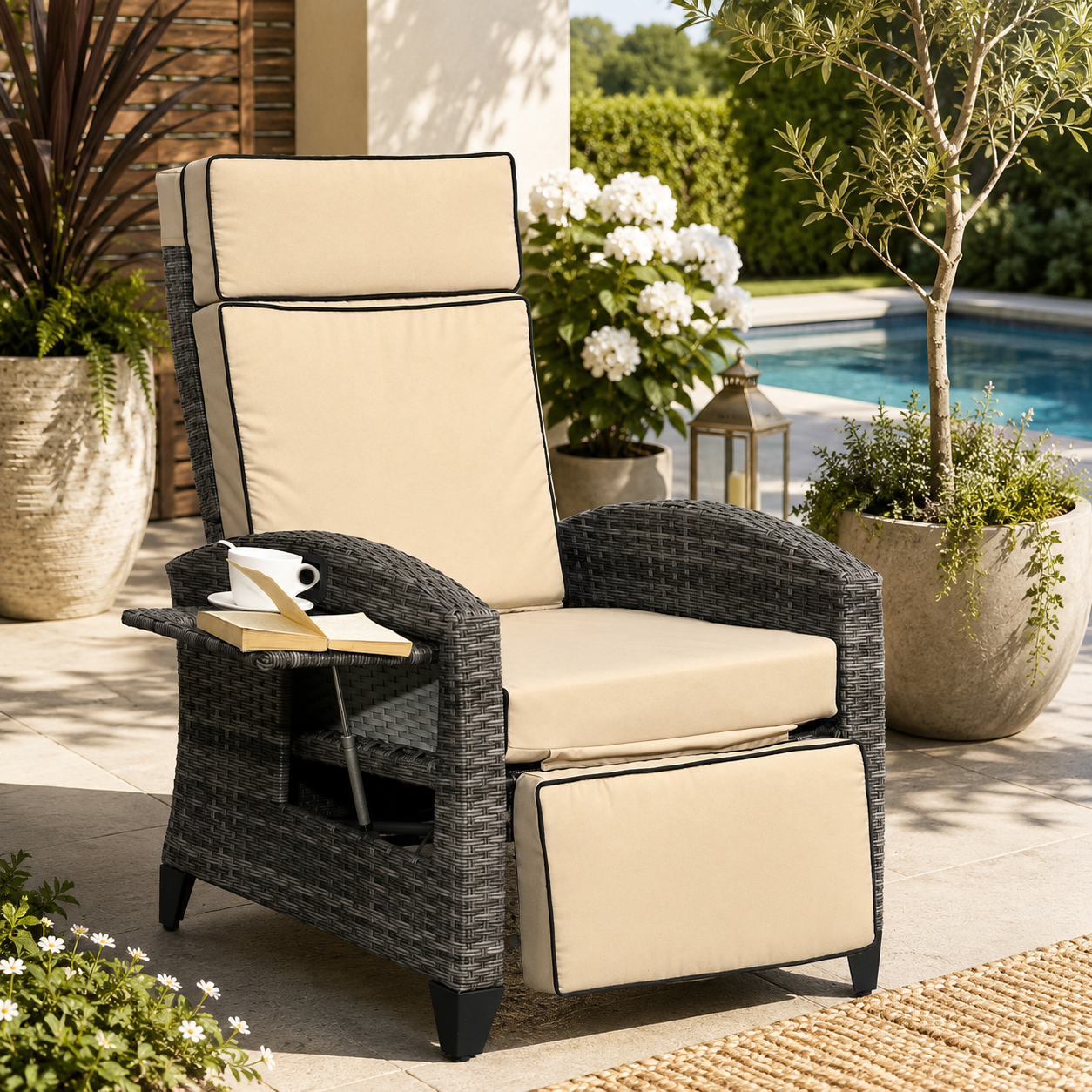 Outdoor Recliner Chair with Adjustable Backrest, Cushion, Khaki
