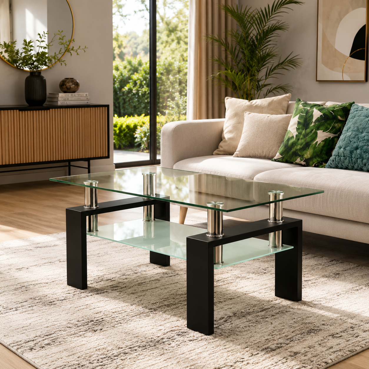 Rectangle Glass Coffee Table, Clear Coffee Table, Modern Side Center Tables for Living Room, Living Room Furniture