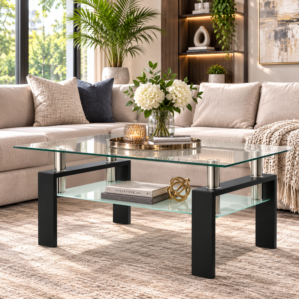 Rectangle Glass Coffee Table, Clear Coffee Table, Modern Side Center Tables for Living Room, Living Room Furniture