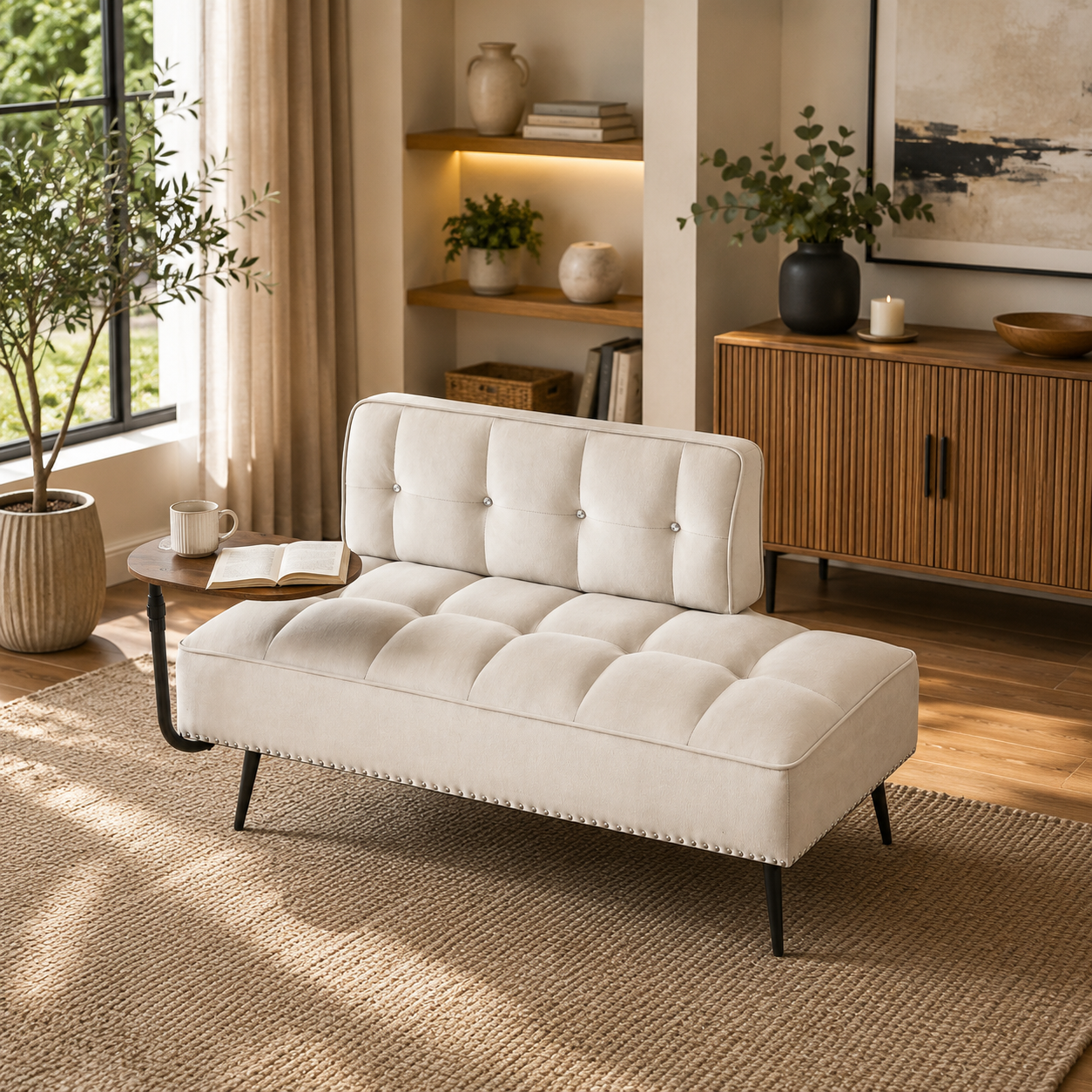 54-Inch Modern Two-Seater Velvet Sofa with Backrest & 360 Rotating Side Table - Includes Bench and Ottoman, Plush Cushions, Space-Saving Design for Living Room, Bedroom, Apartment Beige