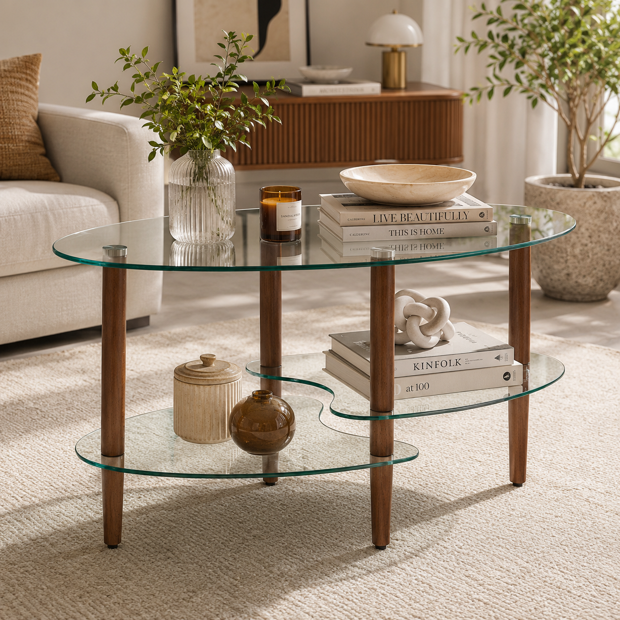 Transparent Oval Glass Coffee Table, Modern Living Room Table, Oak Leg Coffee Table, Three-Layer Glass Table