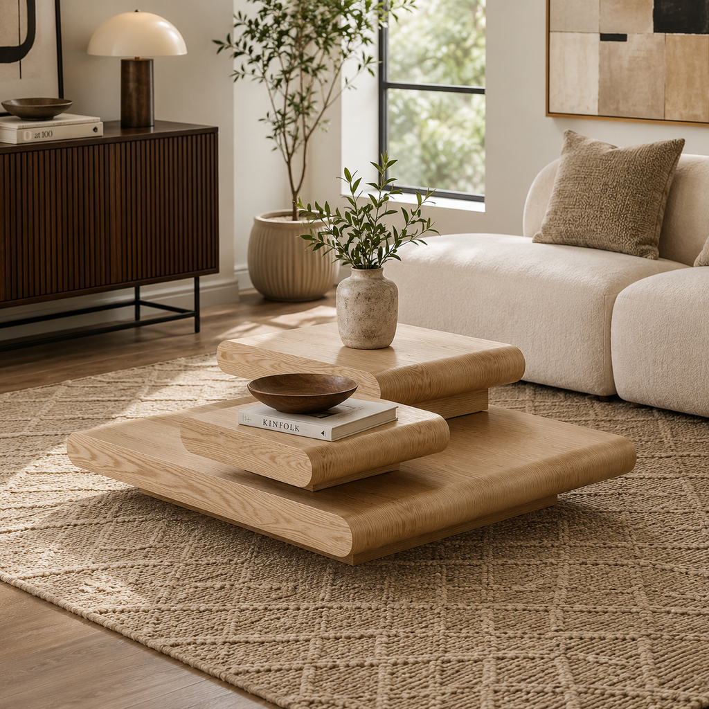 3-Piece Modular Stacking Coffee Table Natural Wood Look, Mordern MDF Table Front of the Sofa, 39.37 Inch Square Center Coffee Table for Living Room,No Assembly,Natural Color