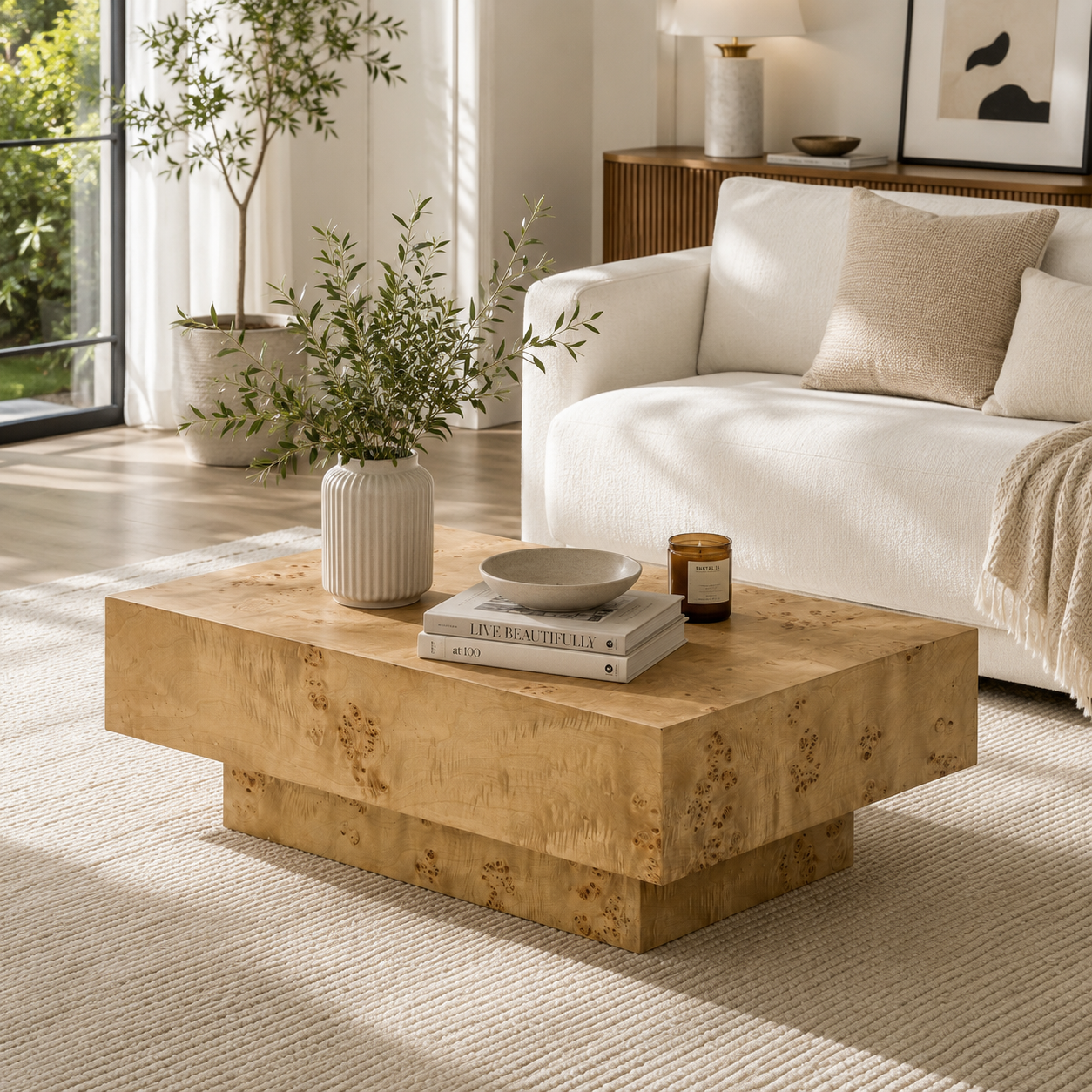 43.31 Inch Burl Wood Veneer Coffee Table,Rectangle Mid-Century Modern Table for Living Room,Coffee Table with Sturdy MDF Pedestal for Office,Apartment,Natural