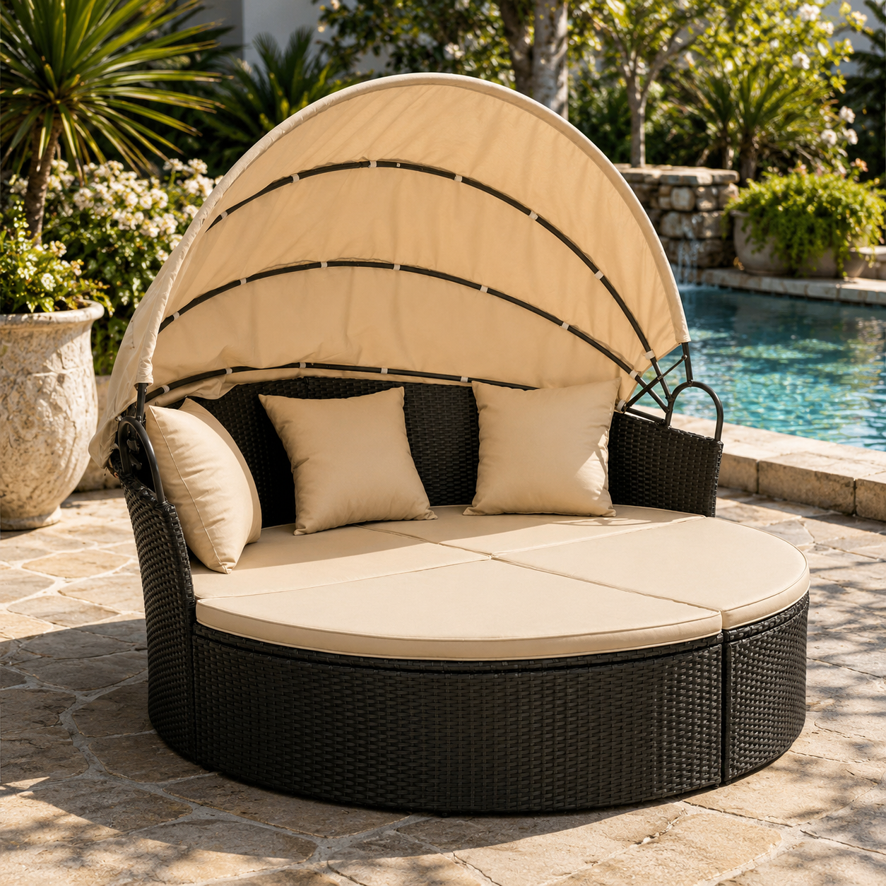Outdoor Patio round Daybed with Retractable Canopy Wicker Furniture Sectional Seating with Washable Cushions for Patio Backyard Porch Pool Daybed Separated Seating (Beige)