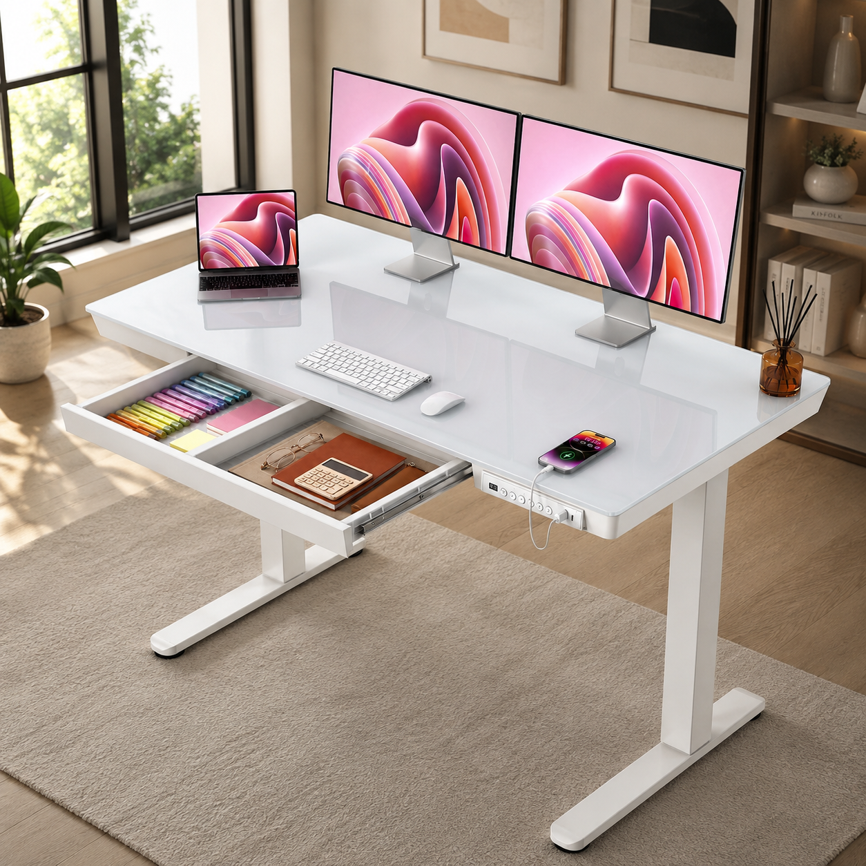 Glass Top Electric Standing Desk with Drawer, 48'' X 24'' Electric Height Adjustable Desk with USB Charging Ports, Sit Stand up for Home Office