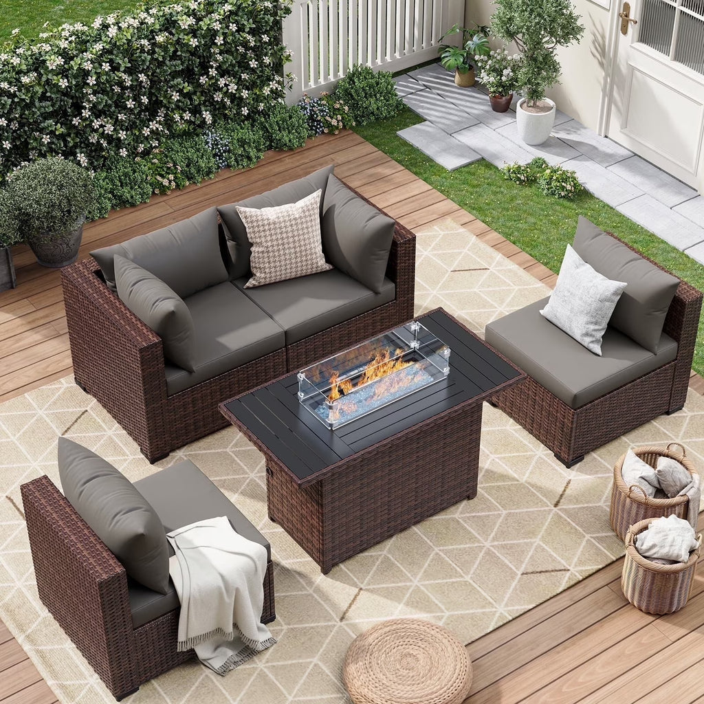 7 Pieces Patio Furniture Set All Weather Outdoor Sectional Sofa, Outdoor Modern Sectional Furniture Wicker Couch with Glass Coffee Table, Thicken Navy Blue Cushions, Water Resistant