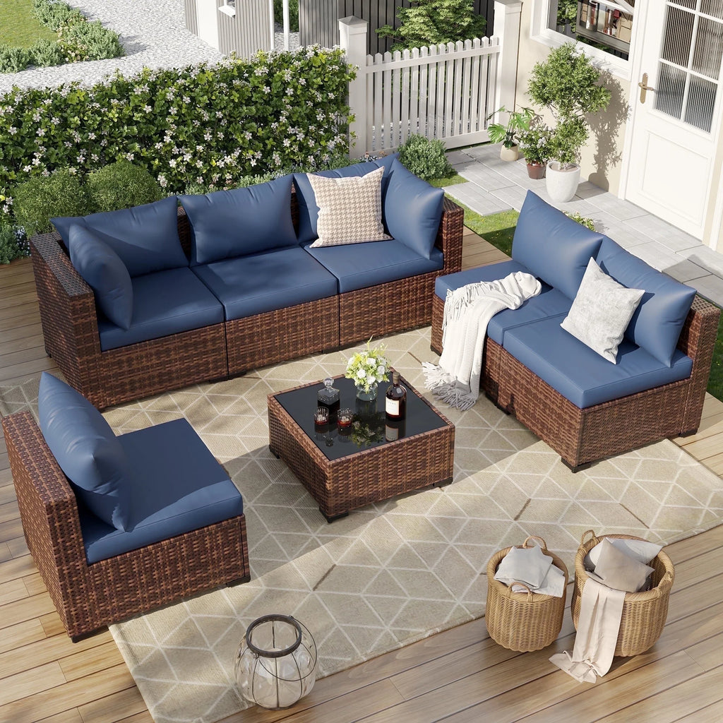 7 Pieces Patio Furniture Set All Weather Outdoor Sectional Sofa, Outdoor Modern Sectional Furniture Wicker Couch with Glass Coffee Table, Thicken Navy Blue Cushions, Water Resistant