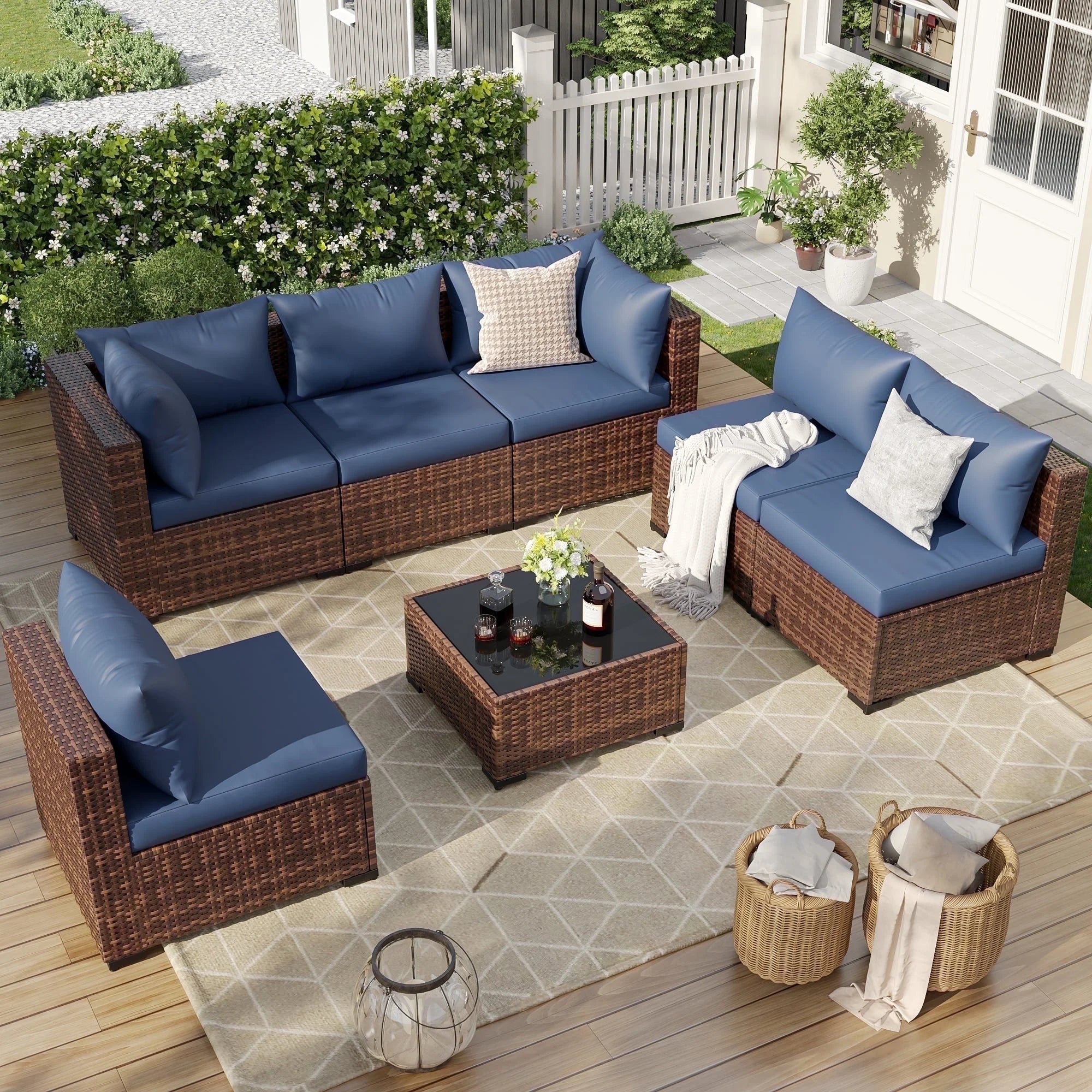 7 Pieces Patio Furniture Set All Weather Outdoor Sectional Sofa, Outdoor Modern Sectional Furniture Wicker Couch with Glass Coffee Table, Thicken Navy Blue Cushions, Water Resistant