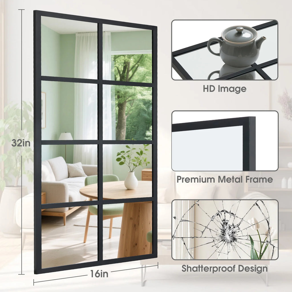 16" X 32" Set of 2 Standing Hanging Modern Window Pane Wall Mirror – Metal Framed Decorative Mirror