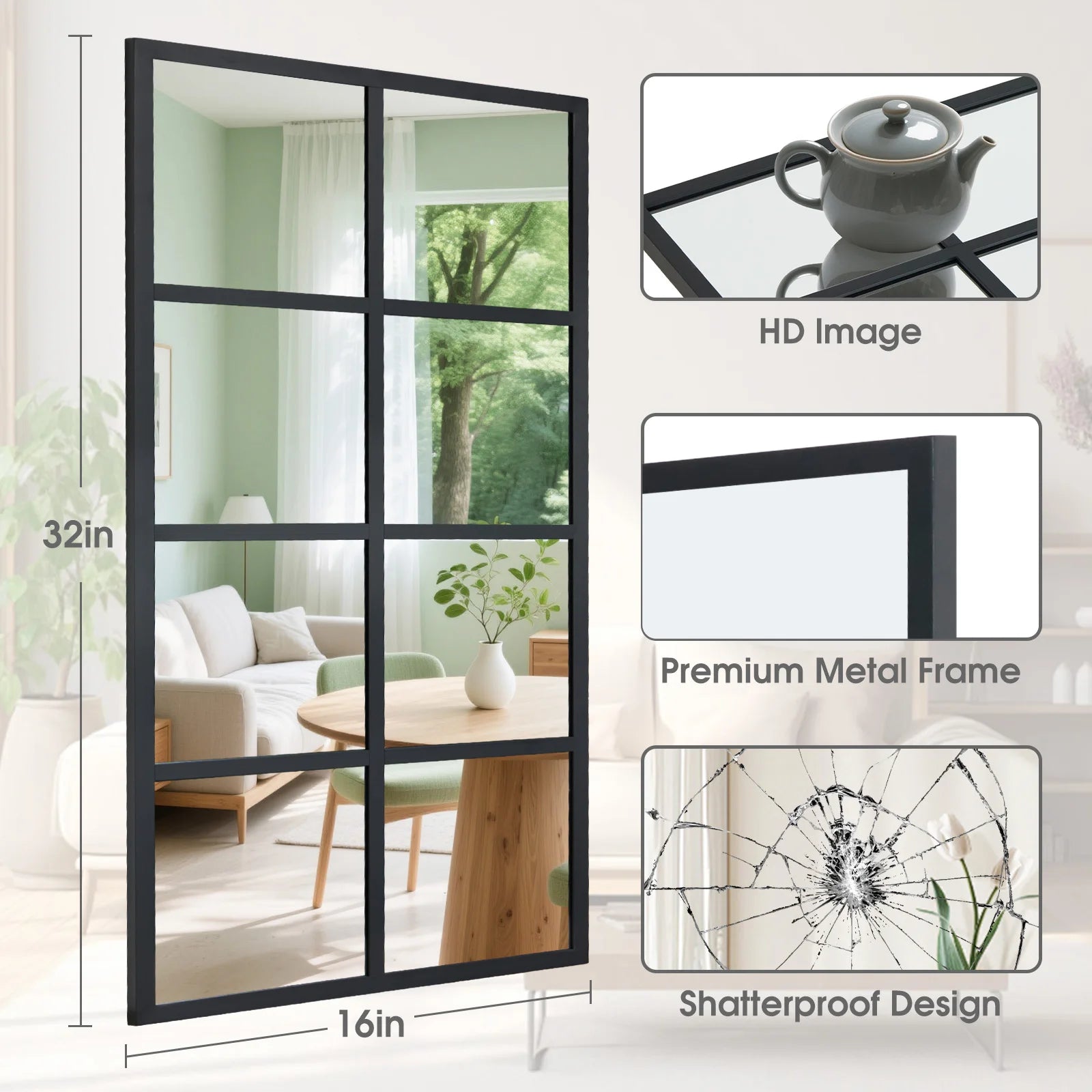 16" X 32" Set of 2 Standing Hanging Modern Window Pane Wall Mirror – Metal Framed Decorative Mirror
