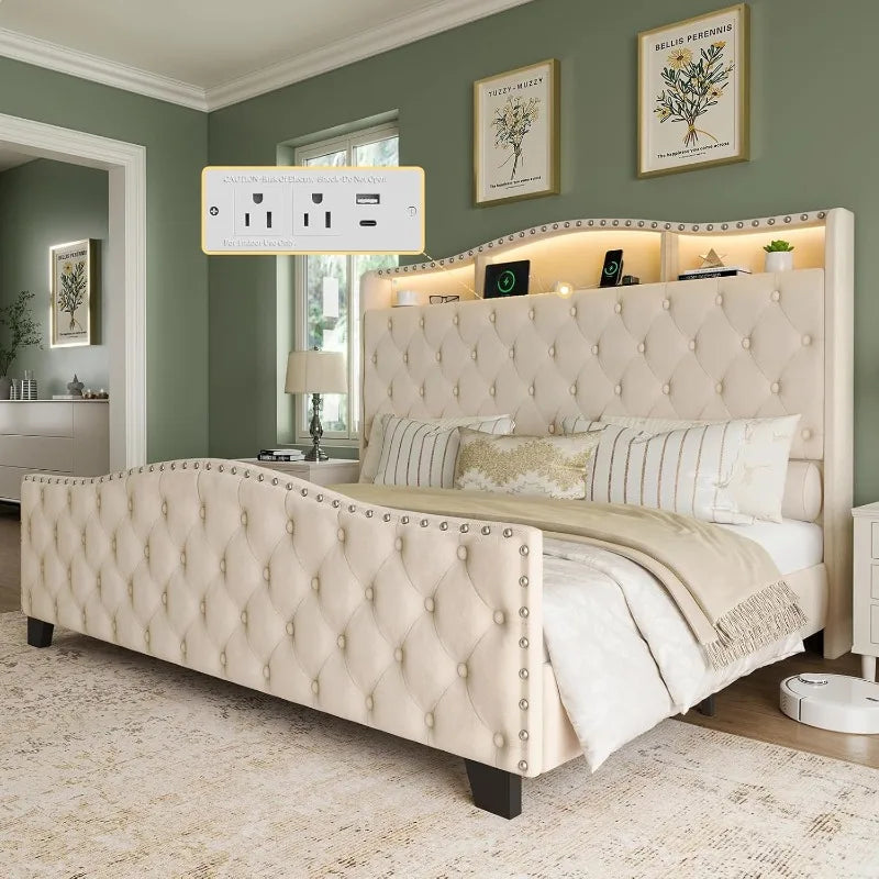 Belffin King Size Velvet Wingback Bed Frame with LED Lights & Charging Station